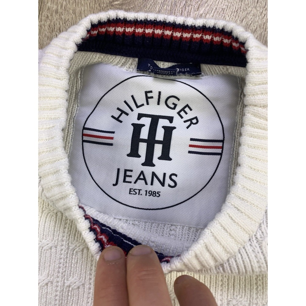 Tommy Hilfiger Sweater Womens Med White Cable Knit Cotton Classic Preppy Tennis - Picture 7 of 16